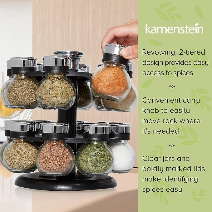 Kamenstein 16 Jar Ellington Revolving Countertop Spice Rack with Lift & Pour Caps and Spices Included, FREE Spice Refills for 5 Years: Black and Chrome - Image 7
