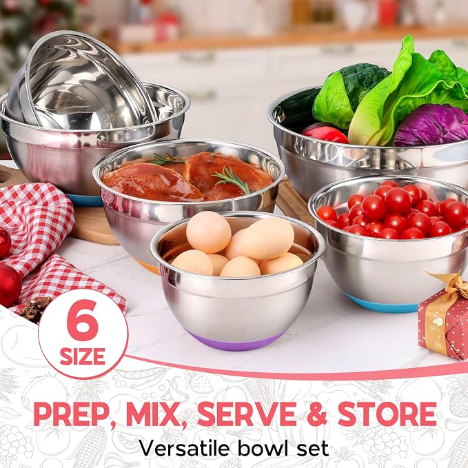 Onader Colorful Mixing Bowl Set of 6 for Kitchen, Large Stainless Steel Metal Nesting Mixing Bowls with Airtight Lids, Non Slip - Size 0.7, 1, 1.5, 2, 2.6, 4.6QT - Image 8