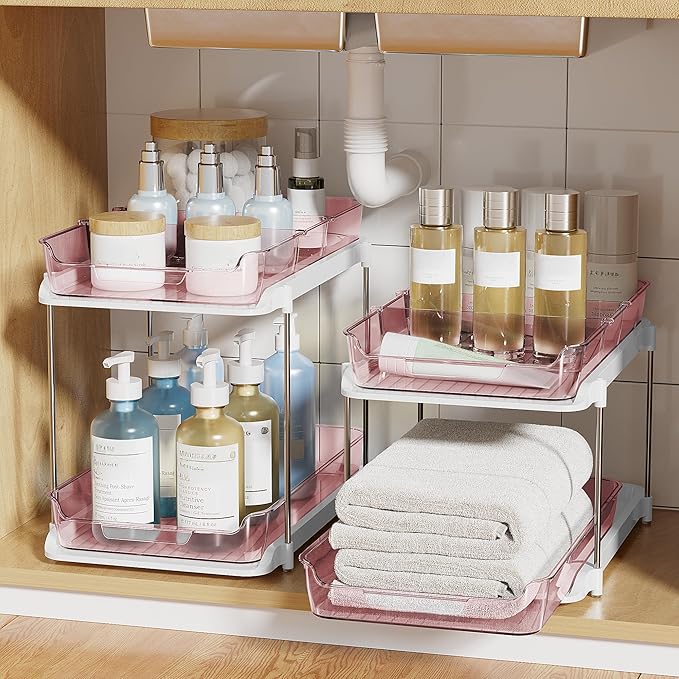Delamu 2-Tier Multi-Purpose Bathroom Under Sink Organizers and Storage, Stackable Kitchen Pantry Organization, Pull Out Medicine Cabinet Organizer with Movable Dividers, Light Pink, 2 Pack - Image 7