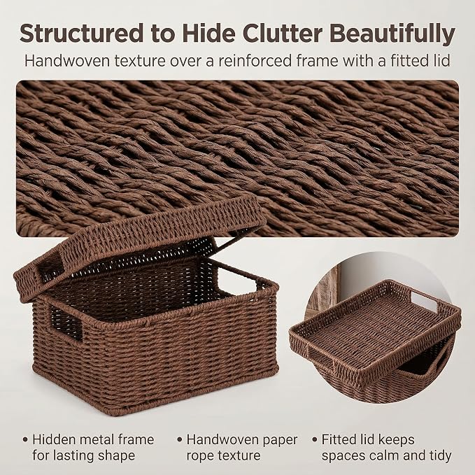 Wicker Storage Basket with Lid for Shelves, 3-Basket Set, Dark Brown | One rectangular wicker basket with lid and two open baskets for decorative shelf storage; removable lid flips into a tray. - Image 7