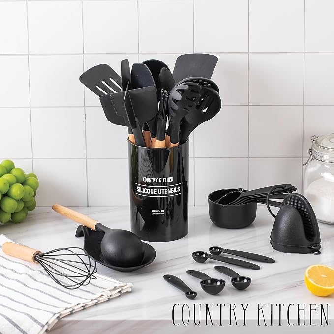 Country Kitchen Non Stick Silicone Utensil Set with Rounded Wood Handles for Cooking and Baking, 38 Piece Set, Black - Image 7
