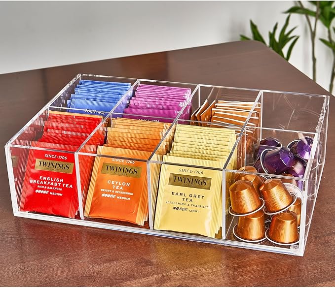 Heavy-Duty Acrylic Tea Bag Organizer, 8-Compartment Storage Box | Perfect Organizer: 8-compartment design keeps tea bags and coffee pods neatly sorted, saving space on your countertop. - Image 8
