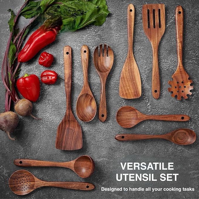 Wooden Spoons for Cooking -10 Pcs Cooking Utensils Set with Smooth Finish, Durable Teak Wood Kitchen Utensils Set, Nonstick Cooking Utensils, Lightweight, Heat-Resistant, Comfort Grip Kitchen Utensils - Image 7