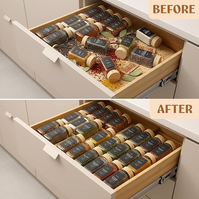 Bamboo Spice Drawer Organizer - Expandable 4 Tier Spice Rack (Need 3" Deep Drawer) 12" to 24" Wide, Seasoning Organizer, Organization Seasoning Rack insert (Jars Not Included) - Image 7