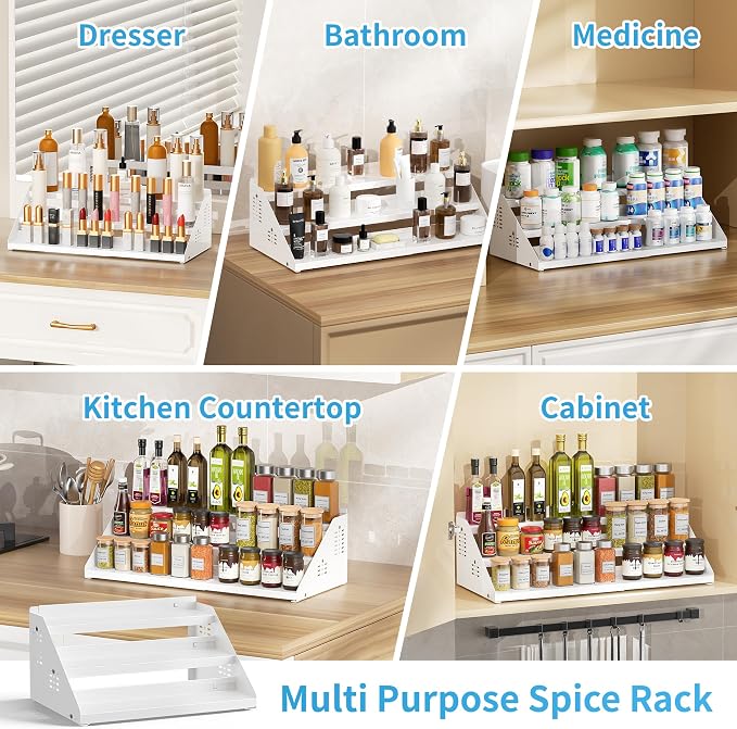 BOIVSHI Seasoning Organizer, 3 Tiered Spice Rack for Cabinet, White | Spice Organization for Cabinet - Expandable Width & Adjustable Height, Metal Spice Organizer for Cabinet, Countertop, Pantry - Image 9