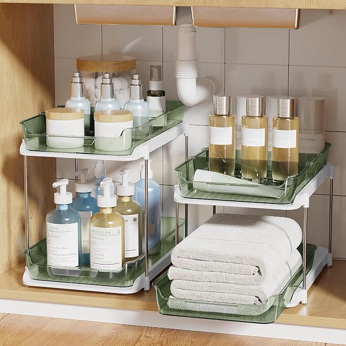 Delamu 2-Tier Multi-Purpose Bathroom Under Sink Organizers and Storage, Stackable Kitchen Pantry Organization, Pull Out Medicine Cabinet Organizer with Movable Dividers, Light Green, 2 Pack - Image 7