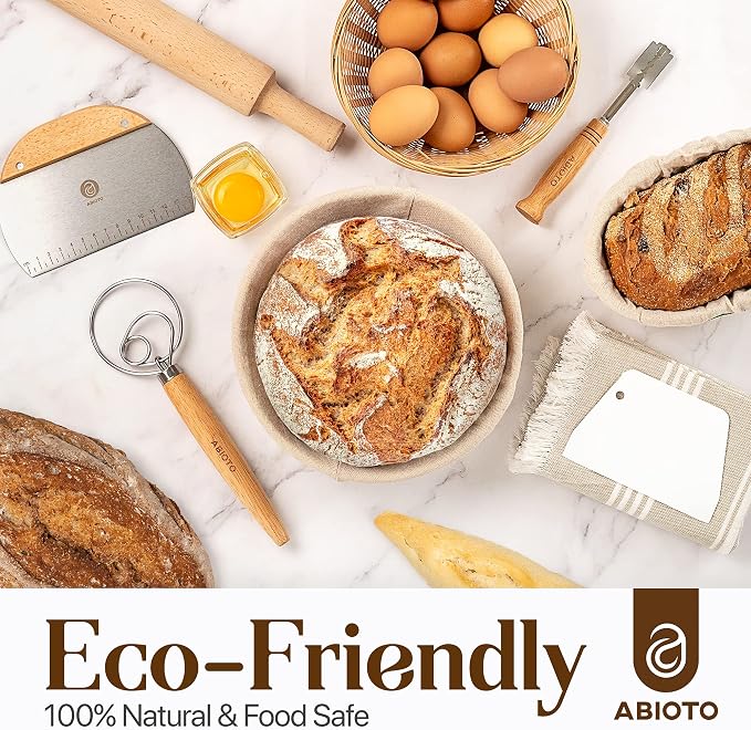 ABIOTO Sourdough Bread Proofing Baskets and Baking Supplies - 14-Piece Kit | Sourdough Bread Baking Kit - 9" Round & 10" Oval Bannetons with Liners, Lame with Blades, Danish Whisk, Dough & Bowl Scrapers - Image 7