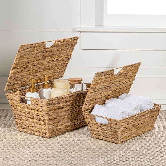 happimess Wilder Hyacinth Storage Baskets with Lids 16", Natural, Set of 2 | Farmhouse Style, Woven Wicker, Built-in Handles, Metal Frame Construction, Nesting For Easy Organization, Rectangular - Image 7