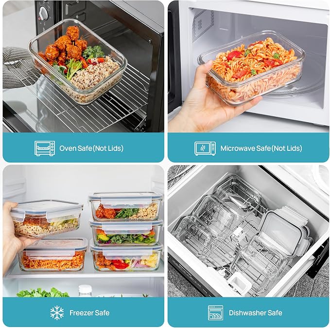 Vtopmart 5Pack 30oz Glass Meal Prep Container Sets with Lids, Grey | Glass Food Storage Containers, Snap Airtight Lid, For Microwave, Oven, Freezer and Dishwasher Safe, BPA Free - Image 7