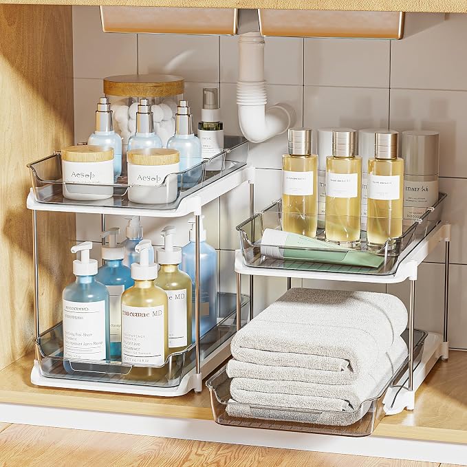 Delamu 2-Tier Multi-Purpose Bathroom Under Sink Organizers and Storage, Stackable Kitchen Pantry Organization, Pull Out Medicine Cabinet Organizer with Movable Dividers, Grey, 4 Pack - Image 8