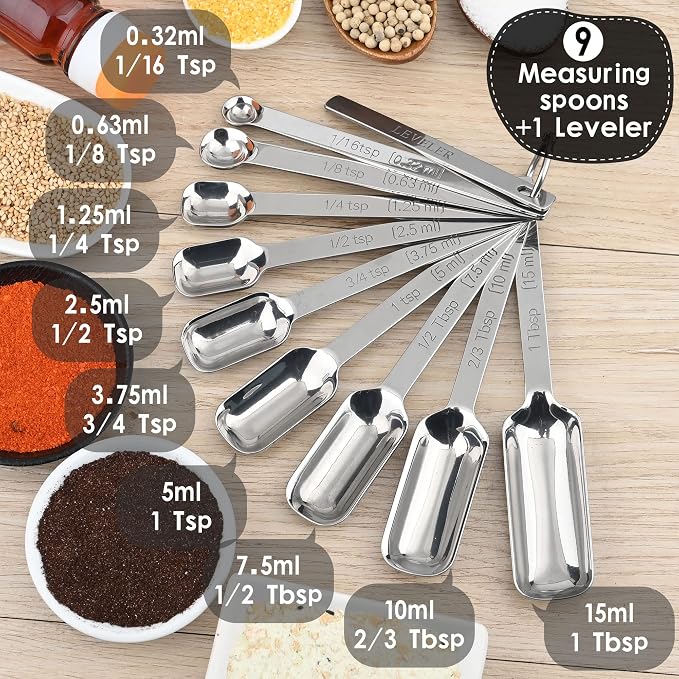 Measuring Cups and Spoons Set 17, 7 Stainless Steel Measuring Cup Set, 9 Spice Long Measuring Spoons with 1 Leveler for Kitchen and Baking, 18/8 Steel Dry Metric Measure Cups &Spoons Set - Image 9