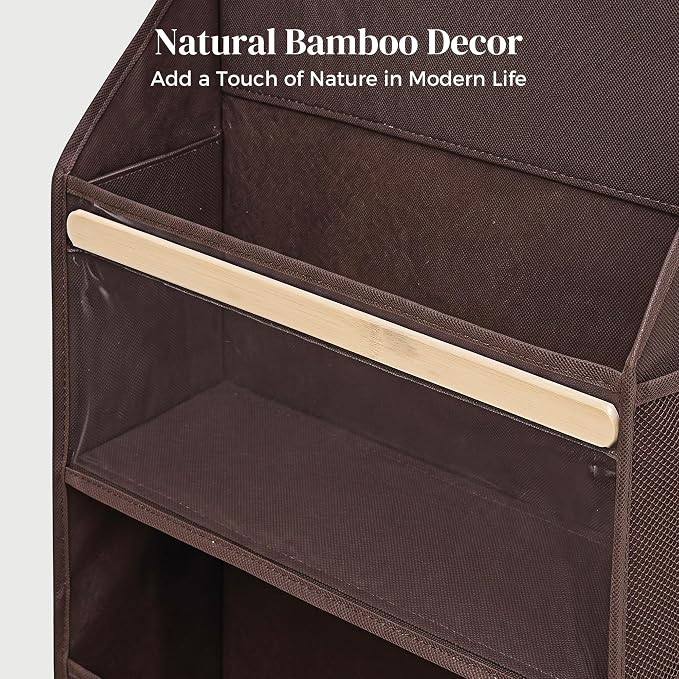 5 Tiers Natural Bamboo Over Door Organizer with 10 Mesh Side Pockets, 50 lbs Weight Capacity Hanging Storage Organizer with Clear Window Kids Toys, Shoes, Diapers, Dark Brown - Image 8