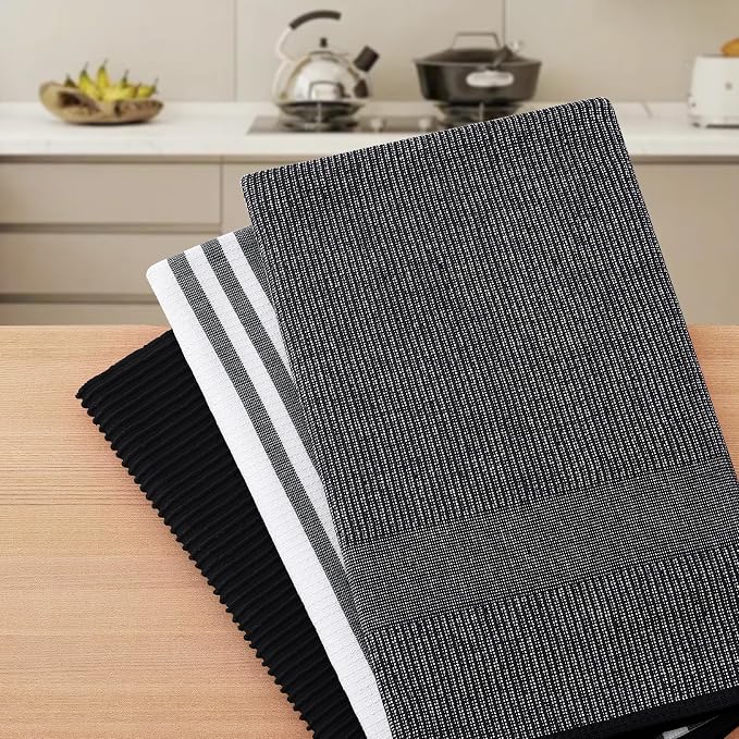 Homaxy Cotton 380 GSM Premium Kitchen Towels, 18"x 28", 6 Pack, Black | Soft and Absorbent Terry Dish Towels, Multipurpose Tea Towel Set with Hanging Loop, 3 Styles Kitchen Hand Towels - Image 7