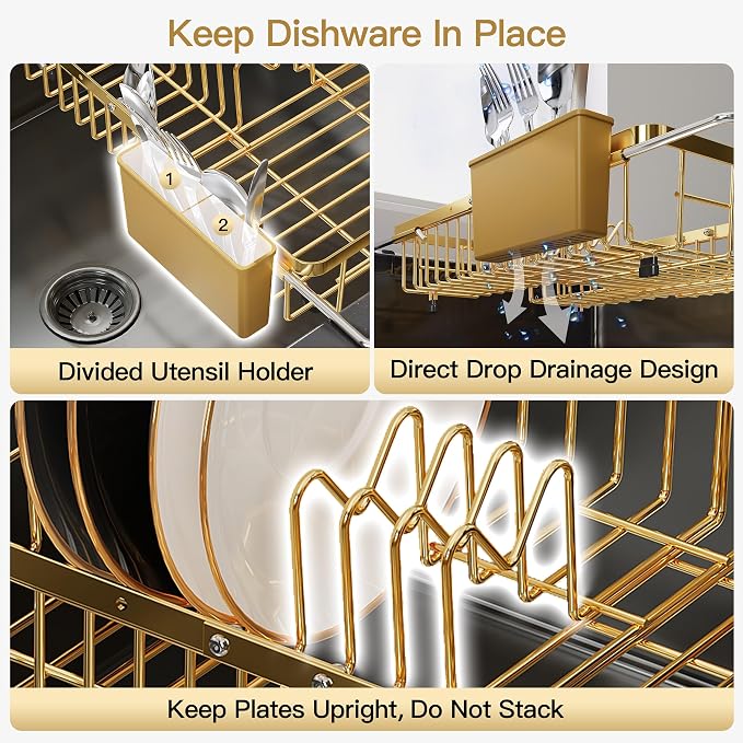 JASIWAY Gold Dish Drying Rack Over the Sink with Utensil Holder | Expandable Stainless Steel Dish Driainers for Small Kitchen, Counter Space Saving, Fast Drain, Rust Resistant, For Apartment - Image 9