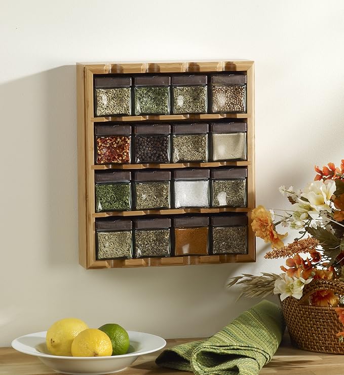Kamenstein 16 Jar Bamboo 3-in-1 Spice Organizer for Countertop, Wall, and Drawer with Spices Included, FREE Spice Refills for 5 Years, Lift & Pour Caps - Image 2
