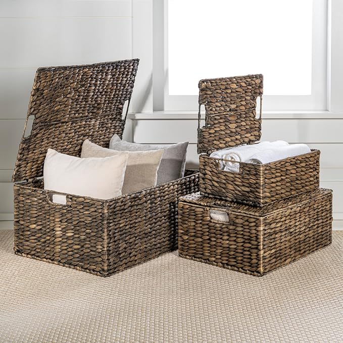 happimess Brooks 3-Piece Woven Hyacinth Storage Basket Set 22", Brown | Classic Farmhouse Style, Rectangular Nesting Wicker Containers, Integrated Handles, Hinged Lids, Iron Metal Frame - Image 7