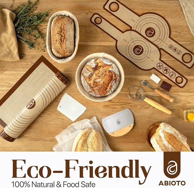 ABIOTO Banneton Baskets with Sourdough Bread Baking Supplies - 17-Piece Kit | Bread Baking Kit for Beginners - Round & Oval Sourdough Proofing Baskets, Liners, Slings, Mat, Lame, Danish Whisk, & Scrapers - Image 7