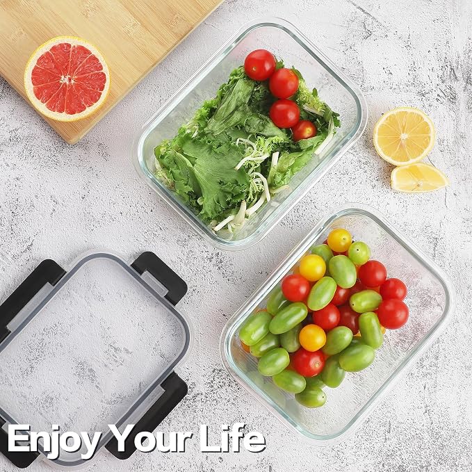 HOMBERKING 10-Pack Glass Meal Prep Containers, 36 oz/14 oz, Locking Lid Set | Borosilicate Glass Food Storage Containers Set, Airtight Lunch Bento Boxes, BPA-Free, Dishwasher Freezer, Oven Safe-Black - Image 7