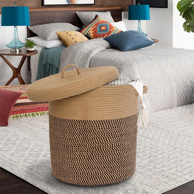 Extra Large Storage Basket with Lid 60L, 16"Wx18"H Woven Laundry Hamper Basket with Handle, Jute Rope Wicker Basket Blankets Pillows Storage in Living Room Baby Nursery, Jute/Black Mix includes Lid - Image 8