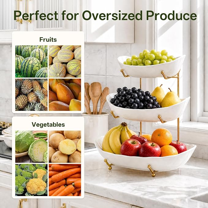 HBlife Large Fruit Bowl for Kitchen Counter - 3 Tier Fruit Basket with Gold Metal Stand, Ceramic Fruit Holder, Tiered Serving Trays for Party - Image 6