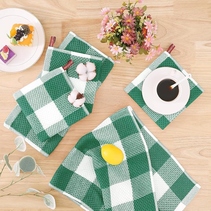 Homaxy Kitchen Towels and Dishcloths Set, Set of 8, White & Dark Green | Bulk Cotton Waffle Weave Check Plaid Kitchen Towels, Super Soft and Absorbent Dish Cloths, 12 x 12 and 13 x 28 Inches - Image 8