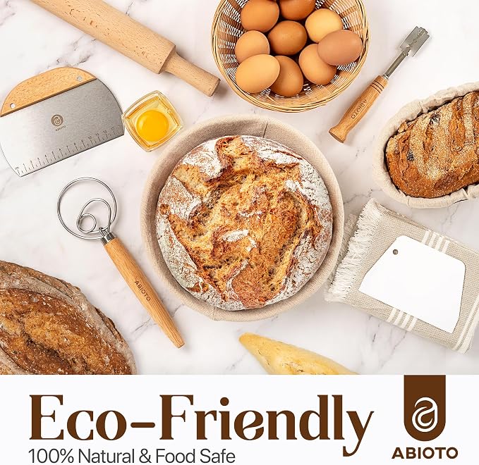 ABIOTO Sourdough Bread Baking Kit - 14-Piece Set with 10" Round & 11" Oval Rattan Banneton Proofing Baskets, Liners, Bread Lame, Danish Whisk & Scrapers for Home Bakers - Image 7