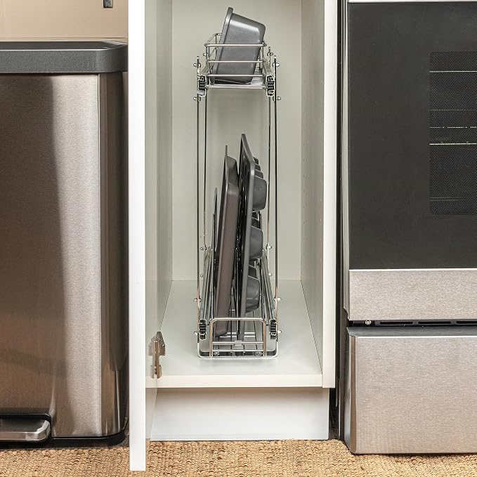 Household Essentials Glidez Multipurpose Chrome-Plated Steel Pull-Out/Slide-Out Storage Organizer for Cookware and Bakeware - 2-Tier Design - Fits Standard Size Cabinet or Shelf, Chrome - Image 12