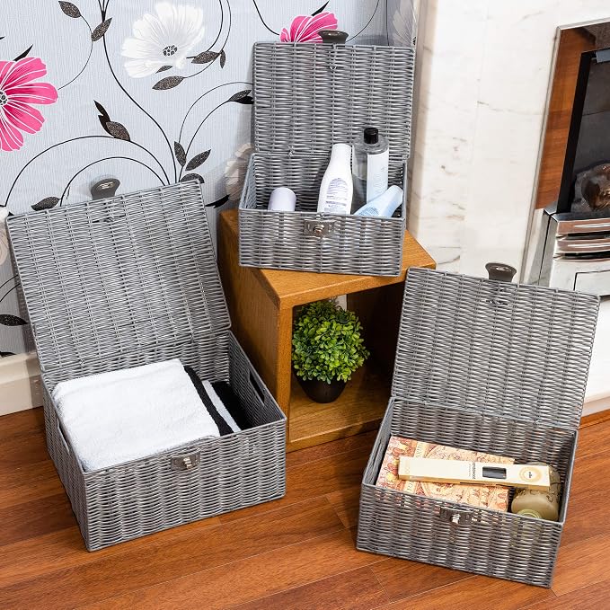 ARPAN Set of 3 Resin Woven Utility Storage Basket Box With Lid & Lock (Grey) - Image 9