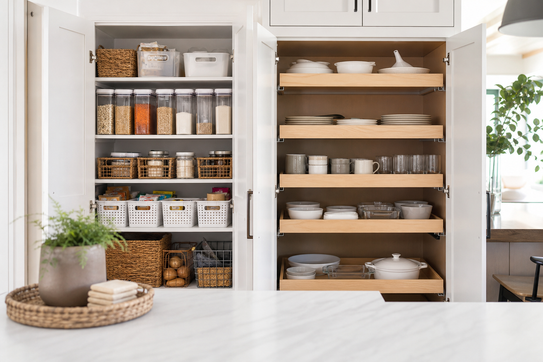 Unbranded organized spatial layout featuring practical cabinet organization