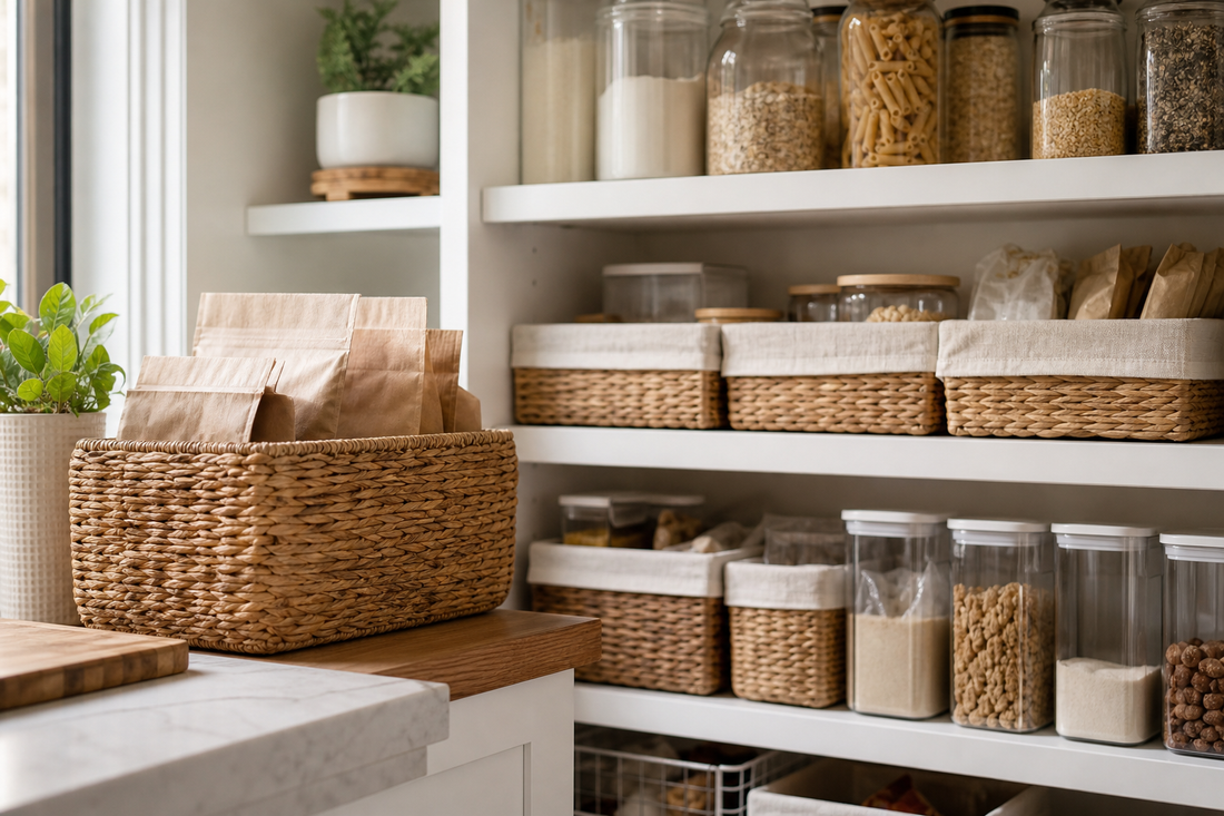 Unbranded close editorial detail featuring practical pantry organization