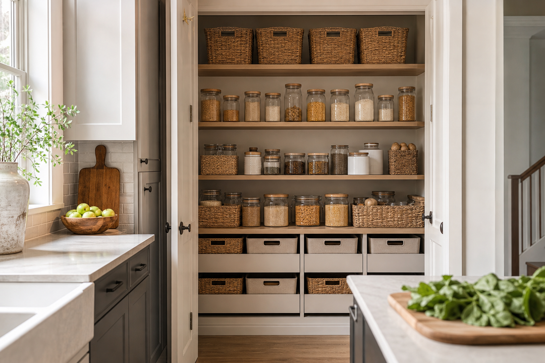 Unbranded practical sequence scene featuring practical pantry organization