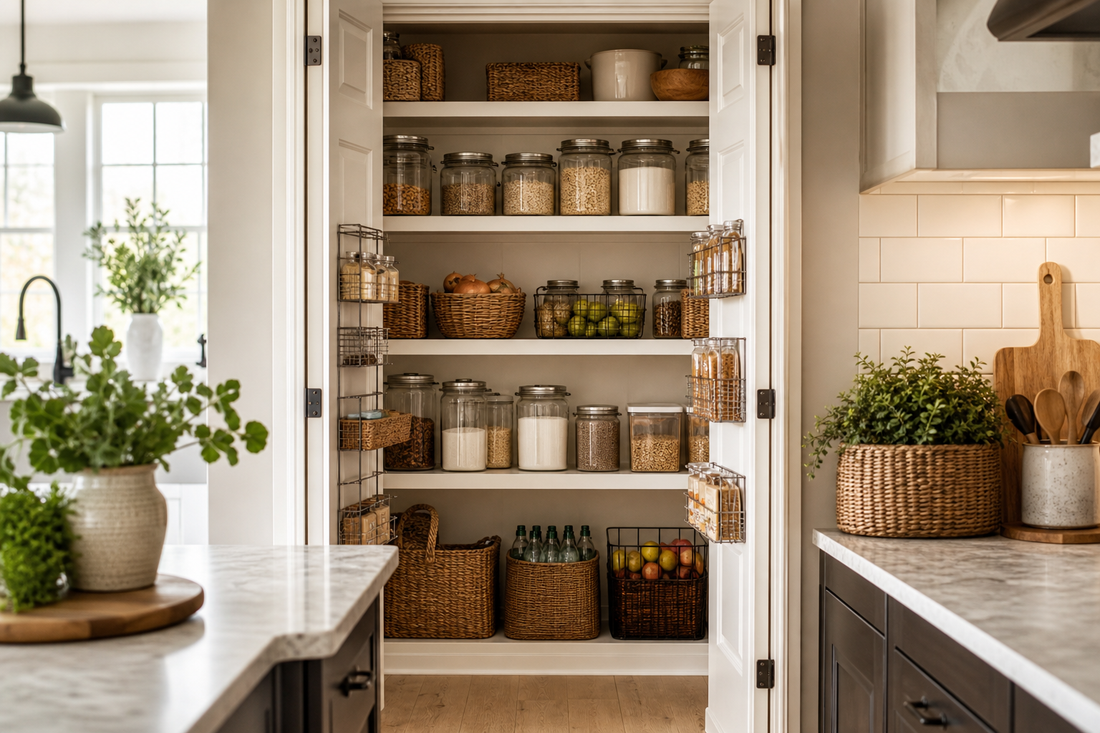 Unbranded organized spatial layout featuring practical pantry organization