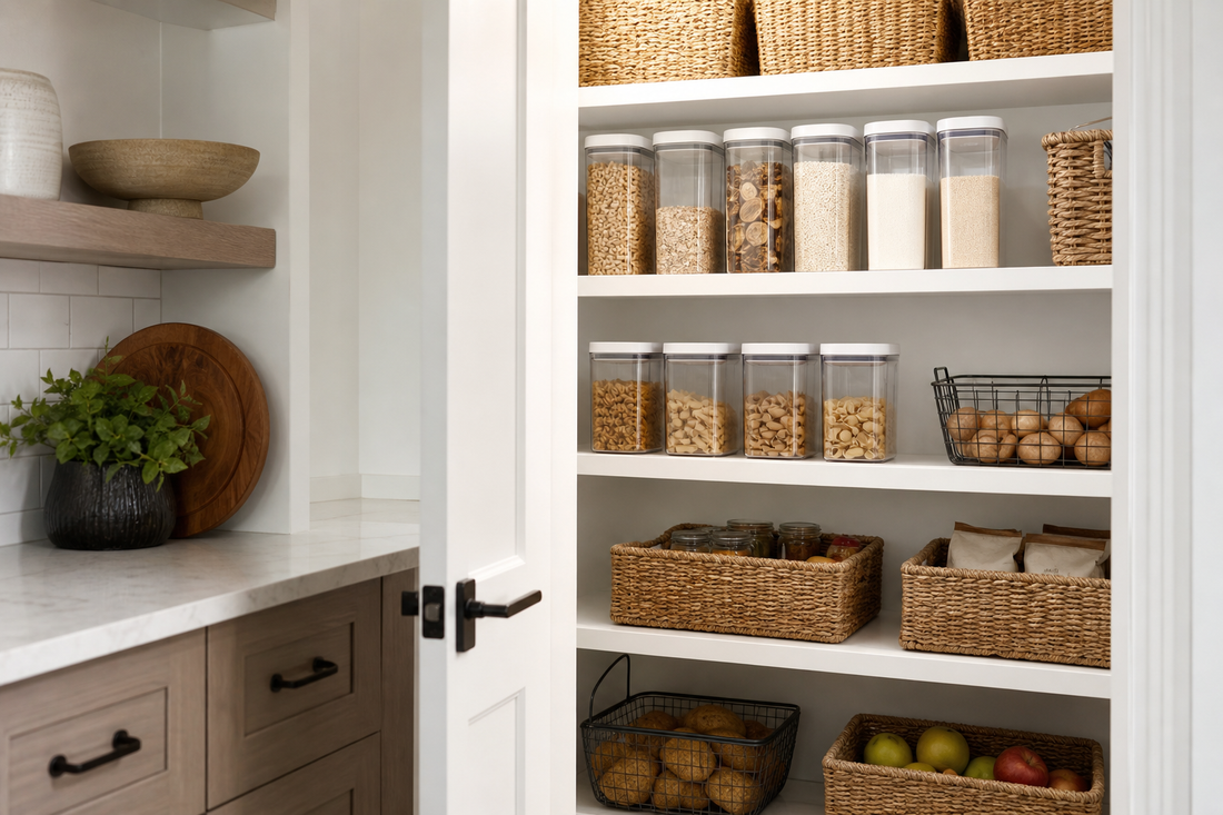 Unbranded practical sequence scene featuring practical pantry organization