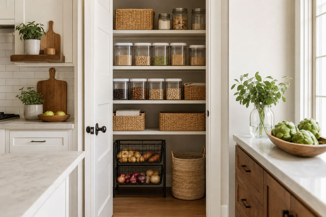 Unbranded organized spatial layout featuring practical pantry organization