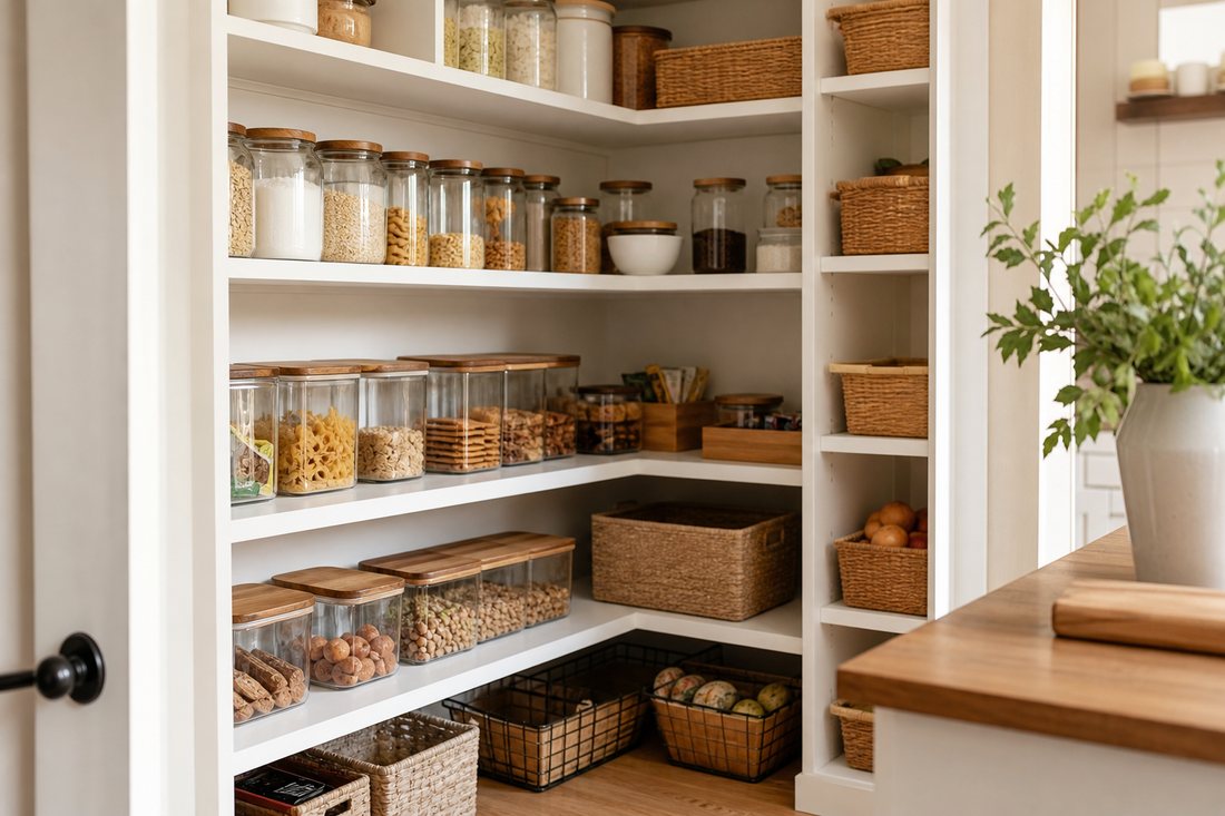 Unbranded practical sequence scene featuring practical pantry organization
