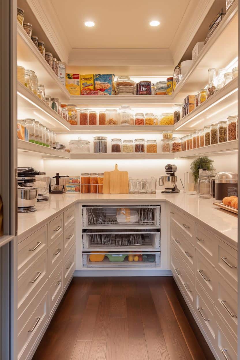 Beautifully organized kitchen pantry with premium storage containers and warm neutral tones, featuring text "Create a Home That Serves You, Not Expectations" - PantryPlace home organization inspiration