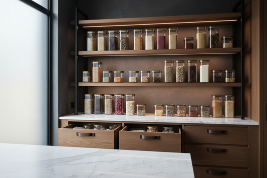 Premium modular kitchen pantry organization system with glass storage containers and dark luxury aesthetic