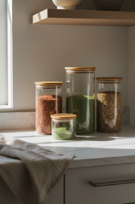 Premium glass storage containers with colorful grains and spices on white marble countertop with soft natural lighting and minimal styling