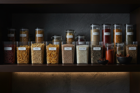 Neatly organized pantry shelf with labeled clear bins and glass jars — PantryPlace home organization