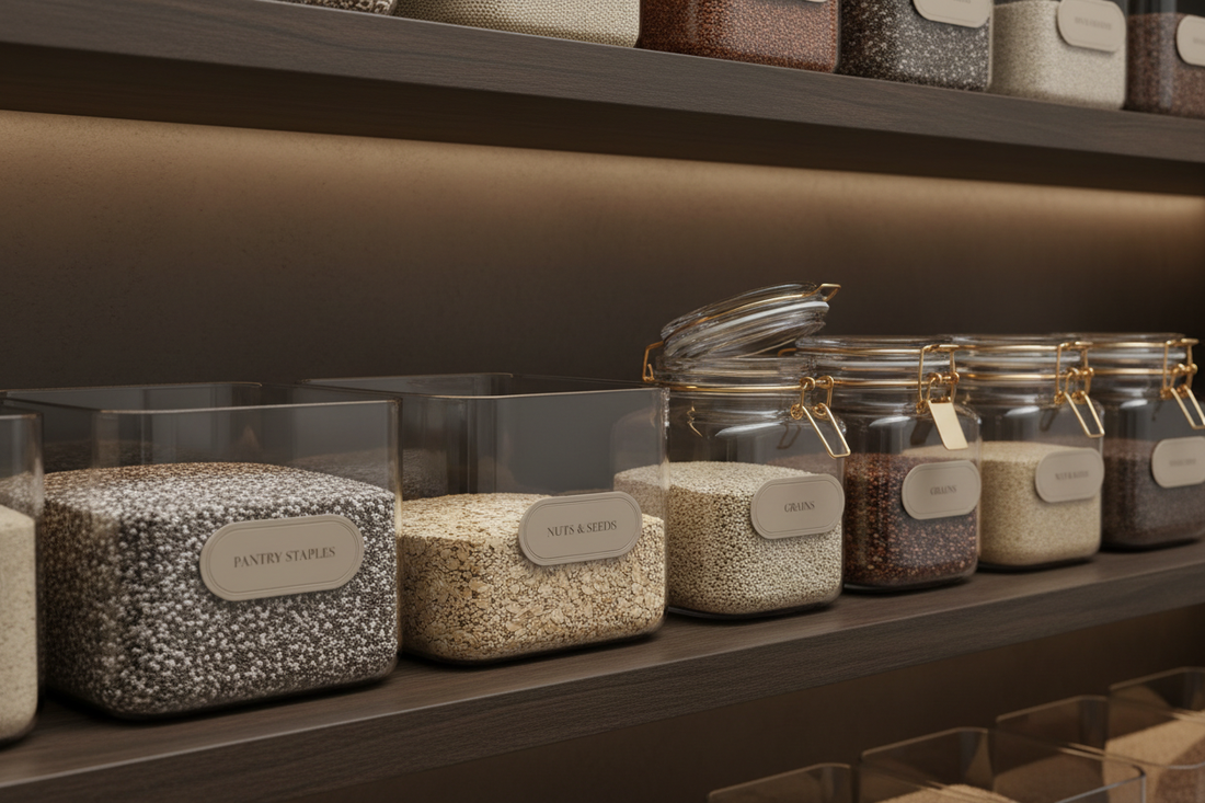 Luxury pantry shelf with premium glass jars and acrylic storage containers, organized with clean labels and golden ratio spacing