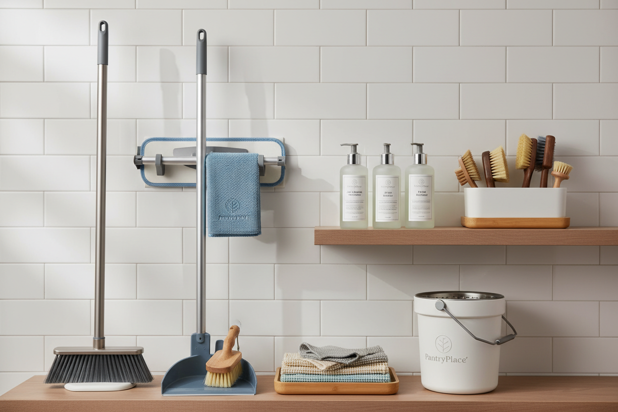 Cleaning tools and supplies - mops, brooms, and cleaning essentials