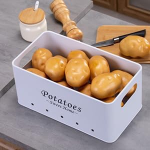 Kitchen Vegetable Storage Tins Set Of 3, Potato Onion Garlic Canisters | Storing potatoes, onions, and garlic. Features aerating holes to keep vegetables fresh and wooden lids for a stylish look - Image 7