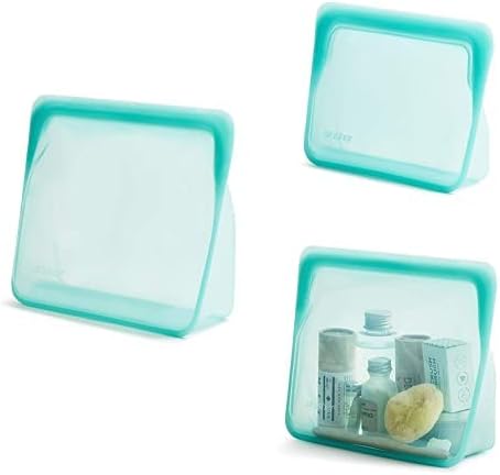 Stasher Silicone Reusable Storage Bag, 3-Pack Stand-Up (Aqua) | Food Meal Prep Storage Container | Lunch, Travel, Makeup, Gym Bag | Freezer, Oven, Microwave, Dishwasher Safe, Leakproof by Stasher