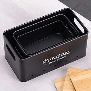 Kitchen Vegetable Storage Tins Set Of 3, Potato Onion Garlic Canisters | Storing potatoes, onions, and garlic. Features aerating holes to keep vegetables fresh and wooden lids for a stylish look - Image 7