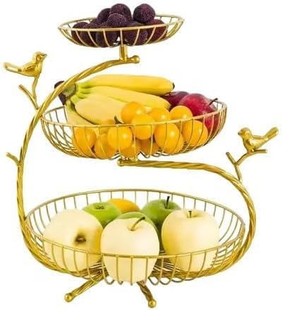 HOME DECO 3-Tier Gold Fruit Basket Stand for Kitchen & Dining | Decorative Metal Fruit & Vegetable Holder with Bird Design | Stylish Countertop Storage Rack Organizer for Home & Pantry - Image 3