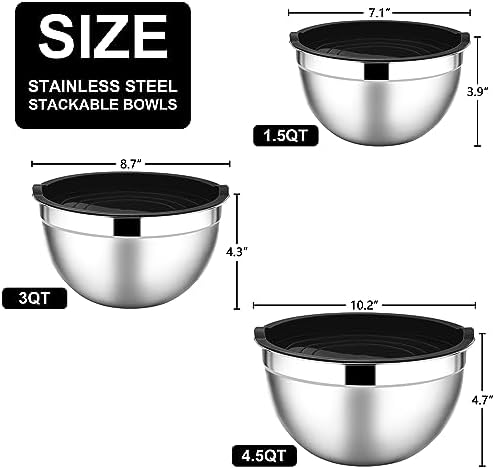 E-far Mixing Bowls with Lids Set of 3 with Silicone Cooking Utensils Set of 7, Nesting Bowls for Baking Cooking and Prepping, Heat Resistant Kitchen Utensils with Stainless Steel Handle - Image 2