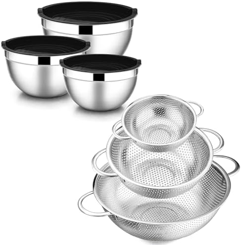 E-far Mixing Bowls with Lids Set of 3 with Stainless Steel Colander Set of 3, Nesting Bowls for Baking and Prepping, Micro-Perforated Colander Strainer for Kitchen/Draining Pasta/Rinsing Vegetables by E-far