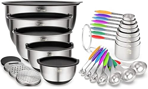 Wildone Stainless Steel Mixing Bowls Set with Airtight Lids, 3 Grater Attachment & Non-slip Bottoms and Multicolor 16 Piece Measuring Cups and Spoons Set by Wildone