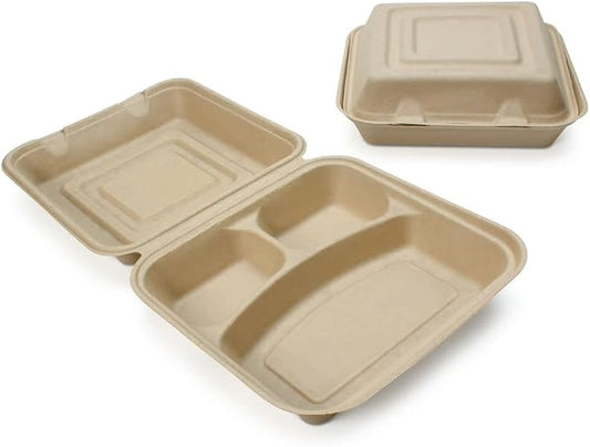 100% Compostable Disposable Food Containers with Lids [9”X9” 3-Comp 200 Pack] Eco-Friendly Take-Out TO-GO Containers, Heavy-Duty, Biodegradable, Unbleached by Earth's Natural Alternative by EarthsNaturalAlternative