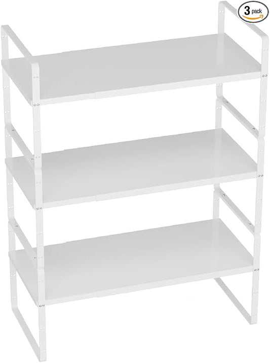 Slideep Expandable Cabinet Shelf Organizer Rack,Large Kitchen Cabinet Organizer Stackable Counter Shelf Organizer large Expandable Shelves, Counter Pantry Storage Organization, White, 3 pack by WelcometotheSlideep